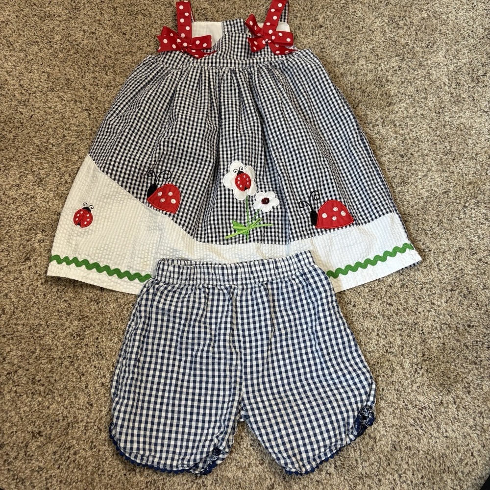 Vintage Girls Gingham Plaid Ladybug Dress Bow Summer Bloomers Appliqué 2T Picnic